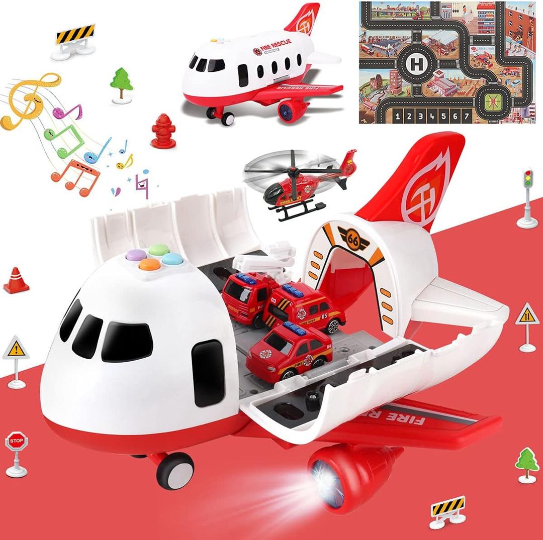 Dwi Dowellin Airplane Toys with Fire Truck Cars Toy Set and Play Mat,Plane with Light Up and Sounds,Birthday Gift for 3 4 5 6 Years Old Kids Boys Girls (Medium)