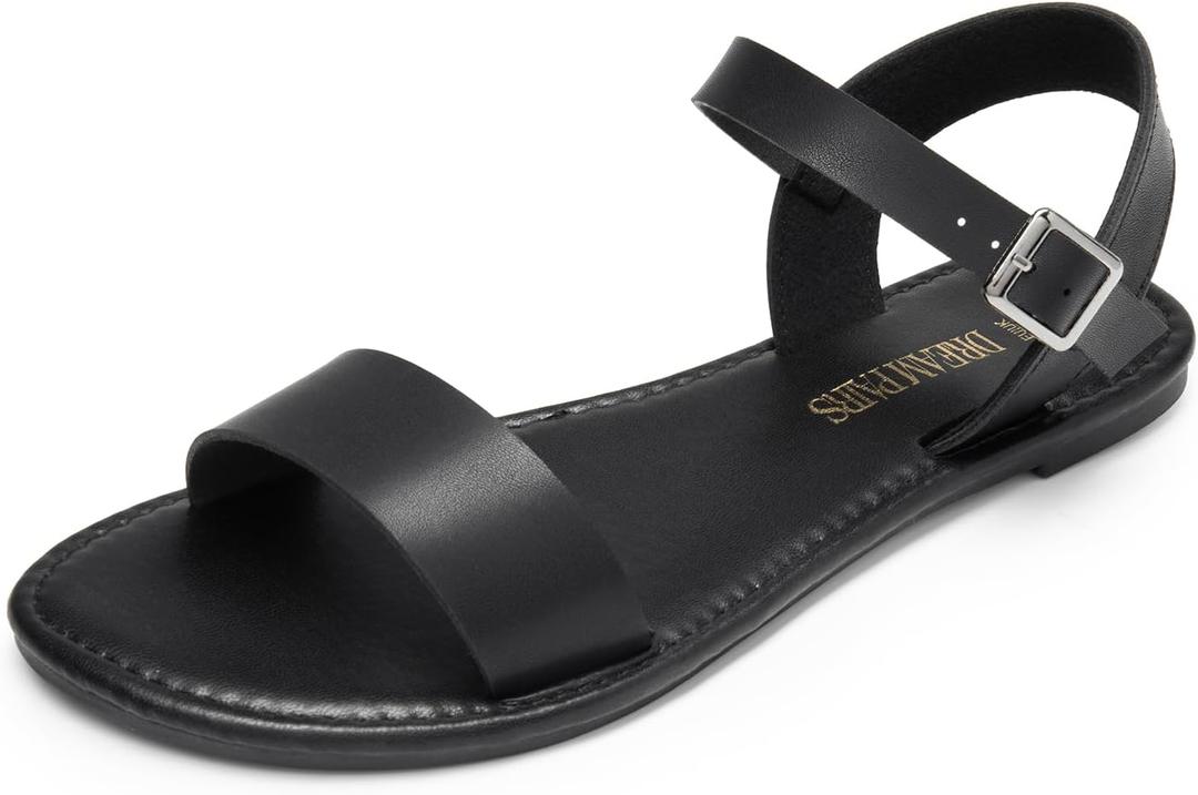 DREAM PAIRS Women's Ankle Strap Flat Sandals Open Toes One Band Buckle Summer Dressy Sandals (8.5, Black Monochrome)