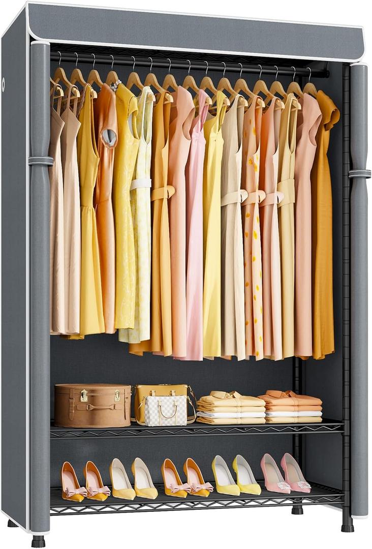 ULIFHOME H5C Plus Clothes Rack with Cover, Portable Closet for Hanging Clothes, Covered Clothing Racks Heavy Duty, Garment Racks with Shelves, Max Load 370LBS, Black Closet Rack with Gray Cover, 16.5"D x 40.5"W x 78.4"H