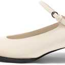 Coutgo Womens Kitten Low Heels Dress Shoes Mary Jane Ankle Buckle Strap Pumps Party Wedding Elegant Shoes (Beige)