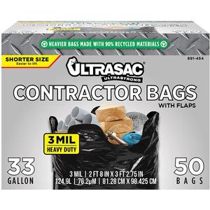 Ultrasac Contractor Trash Bags - (50 Pack/w Ties) - Heavy Duty 3 MIL Thick, 39" x 32", Shorter 33 Gallon Black Version - for Industrial, Commercial, Professional, Construction, Lawn, Leaf, and More