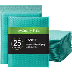Quality Park Bubble Mailers, 8.25 x 11 Shipping Envelopes, Water Resistant Teal Poly Padded Envelopes, Redi-Strip Peel Off Closure, 25 Per Box (QUA85860) (One Size)
