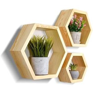 Set of 3 Natural Pine Wood Hexagon Shelves for Wall Decor - Farmhouse Honeycomb Shelves for Living Room Decor, Kitchen Storage, Mounted Storage for Living Room, Kitchen - Durable, Stylish & Versatile