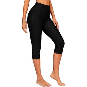 ATTRACO Swim Pants for Women High Waisted Swim Capris Swim Shorts Swimming Leggings (XX-Large, #3 Scalloped-black)