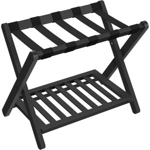 SONGMICS Solid Wood Luggage Rack, No Assembly Required, Foldable Suitcase Stand, Luggage Holder, with Storage Shelf, for Guest Room, Hotel, Bedroom, Ink Black URLR020B02