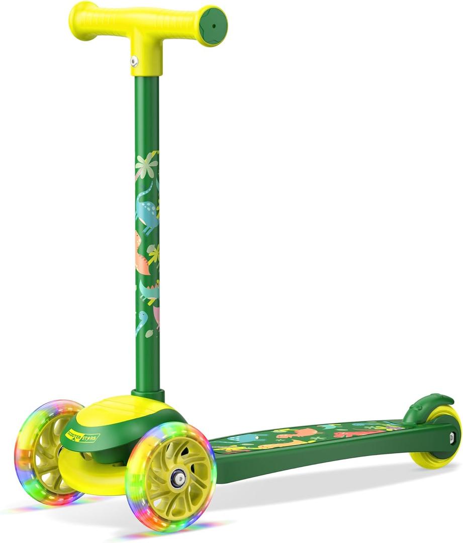 3 Wheel Scooter for Kids, Smooth Light Up LED Front Wheels, Wide Anti Slip Deck, Rear Foot Brake, Easy Lean to Steer Maneuvering, Indoor & Outdoor Ride On Toys for Ages 2 Up, (Dinosaur Theme)