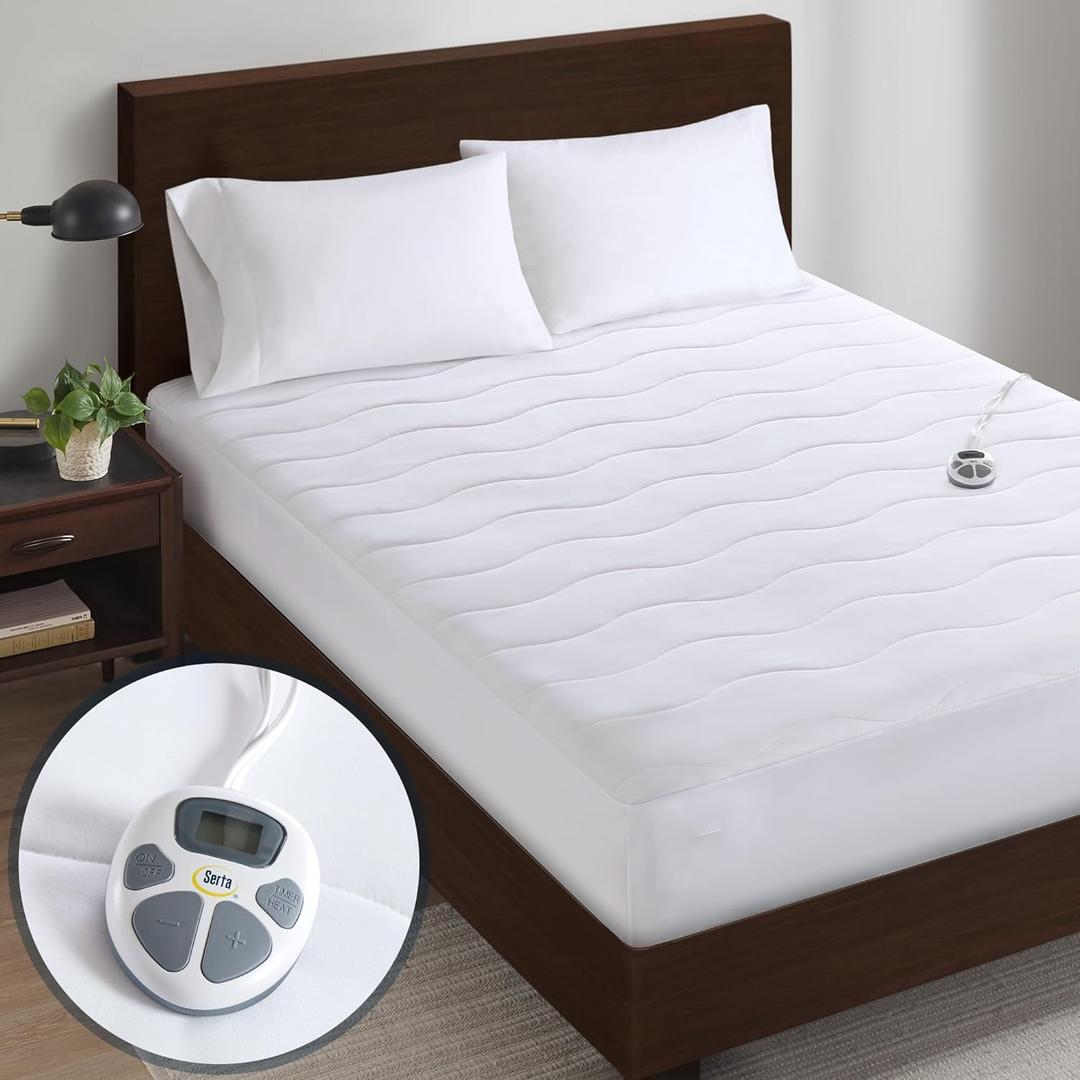 Serta Heated Mattress Pad Full Size - Electric Mattress Pad, 10 Heat Setting Controller, Auto Shut Off Timer, Deep Elastic Pocket, Up to 17" Mattress, ETL Certified, Machine Wash, Full, White
