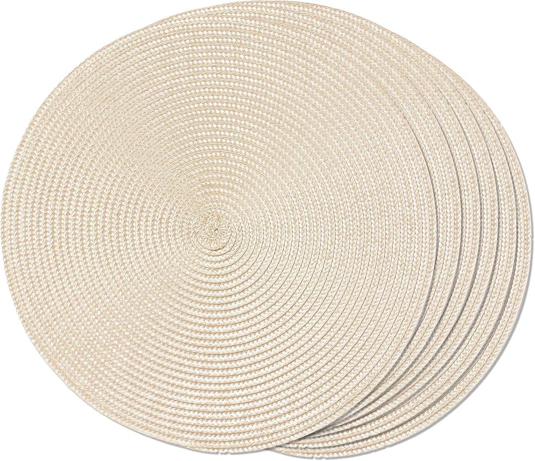 FunWheat Round Braided Placemats Set of 6 Table Mats for Dining Tables Woven Washable Non-Slip Place mats 15 inch(Beige, 6pcs) (Ivory)