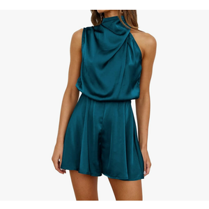 Women Mock Neck Satin Dresses Tie Waist Cocktail Dress Elegant Sleeveless Summer Dresses Above Knee Length, XL
