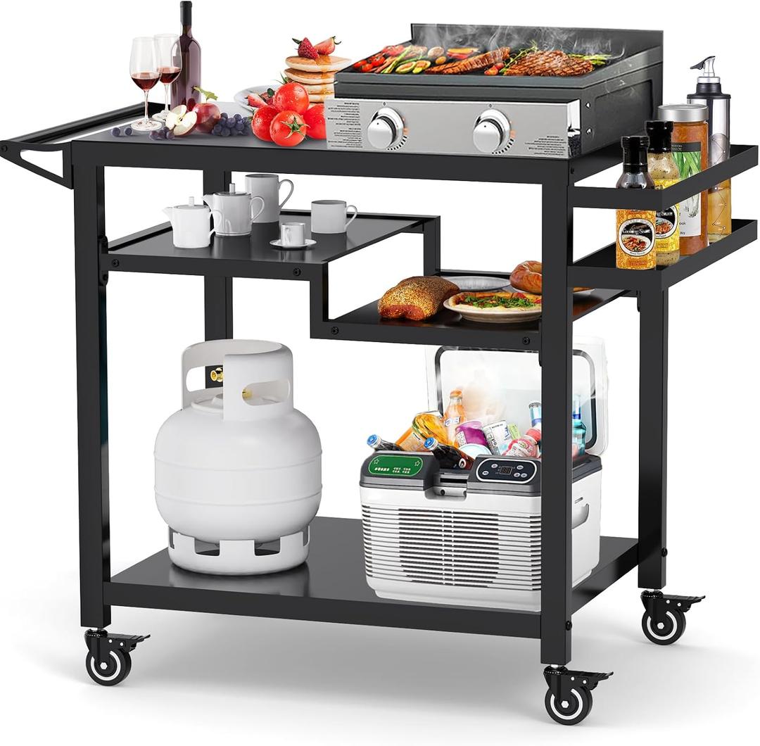 20"x 32" Three-Shelf Movable Outdoor Dining Cart Table, Multifunctional Food Prep Stand, Outdoor Grill Table with Wheels