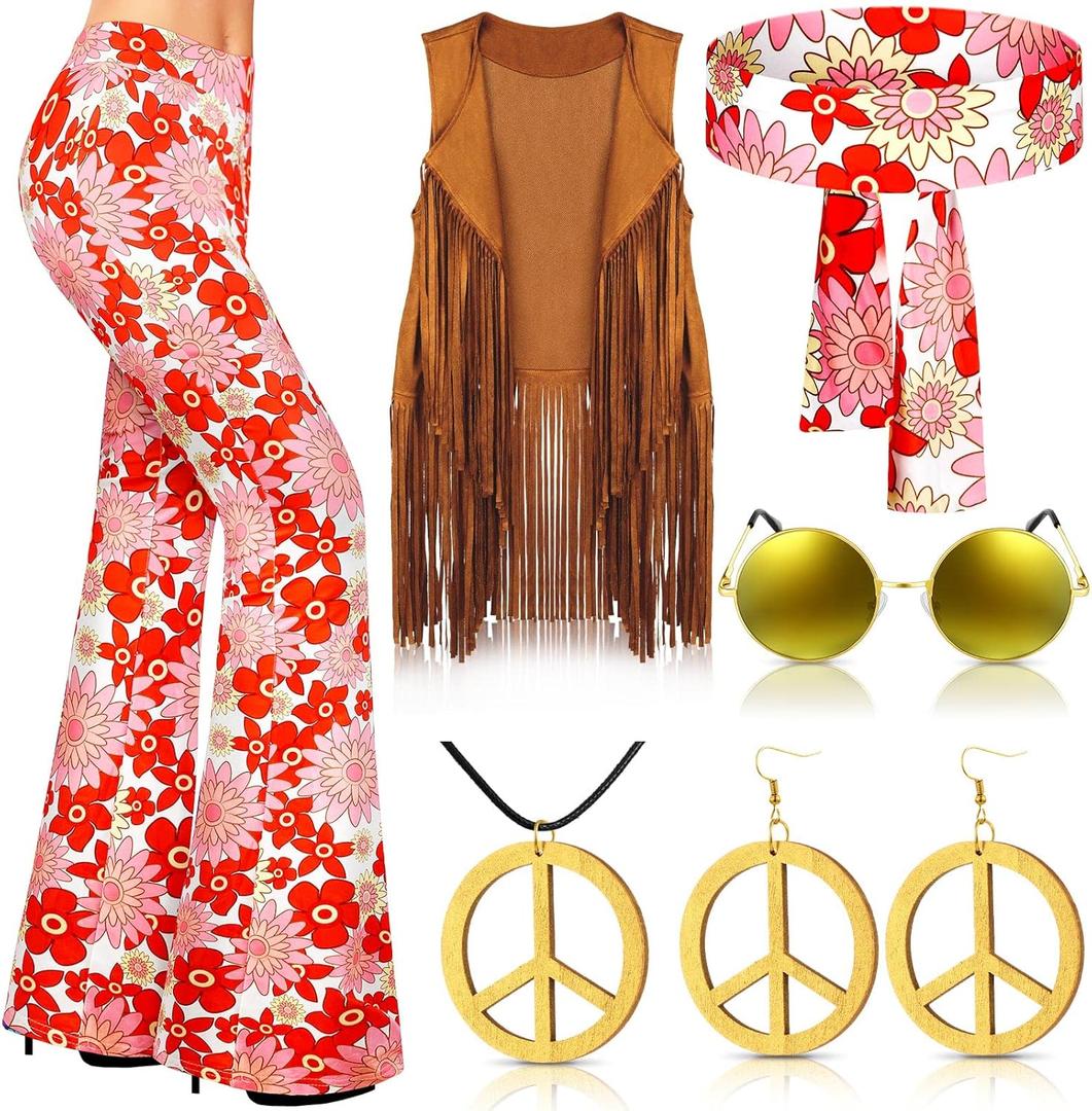 Haull 7 Pcs 60s 70s Disco Hippie Outfits for Women Halloween Costume Set Boho Flared Pants Fringe Vest Peace Sign (Large)