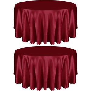 Entisn 2 Pack 108 Inch / 9ft Round Tablecloth, Burgundy Satin Table Cover for 8-10 Seats, Wrinkle Resistant and Washable Silky Table Cloths for Wedding Party Banquet Events Decoration