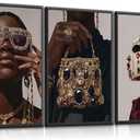 3pcs Black Trendy Girl Canvas Wall Art Luxurious Fashion Jewelry Wall Decor African American Woman Posters Prints Stylish Girl's Room Wall Decoration for Bedroom and Living Room(12x16in Poster), 12L" x16W"