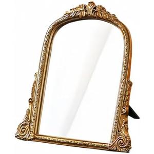 HSDDHOME Vintage Gold Vanity Makeup Desk Mirror - Antique Chic Arch Table Mirror with Carved Resin Frame, Small Standing Arendahl Mirror for Living Room, Bedroom, Tabletop (13.2" x 12.8")