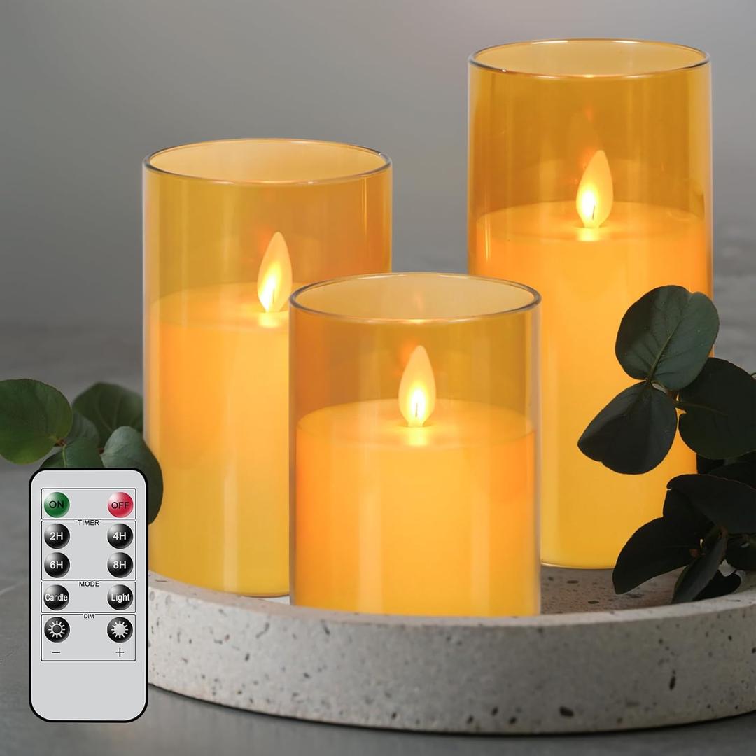 Flameless Candles with Remote Timer, LED Pillar Candles Moving Wick Flickering Battery Operated Pack of 3, Home Decorating for Ambiance, Cycling 24 Hours Timer, Gold
