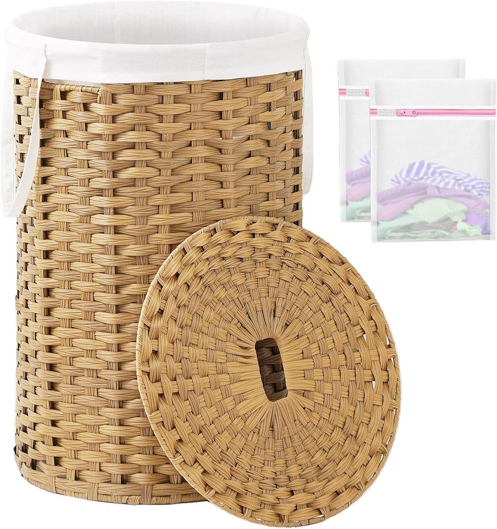 Large Laundry Hamper Laundry Basket Round 34.3 Gal (130 L) Handwoven Wicker Laundry Baskets Rattan Laundry Basket with Laundry Bag Handles 2 Mesh Bags for Living Room Bedroom Natural (34.3 Gal - 130L)