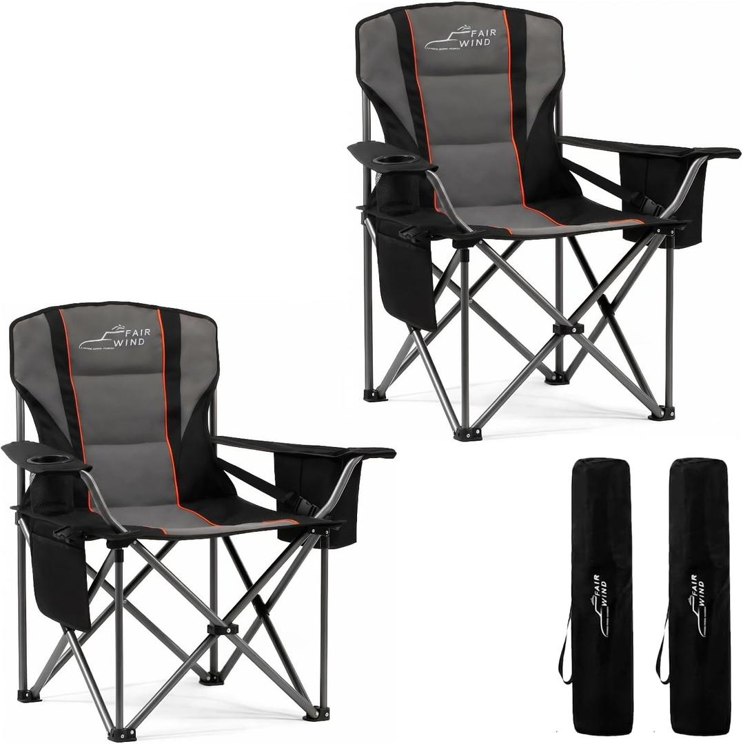 FAIR WIND 2 Pack Fully Padded Oversized Camping Chair 500LBS Capacity Heavy Duty Folding Chair with Adjustable Lumbar Support, Cooler Bag & Cup Holder for Outdoor, Beach, Tailgating, Firepits, Fishing (Black)