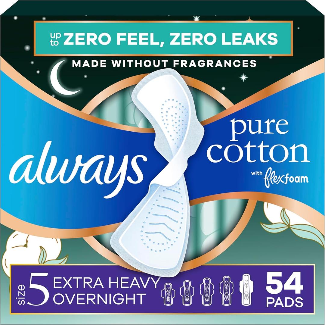 Always Pure Cotton Feminine Pads for Women, FlexFoam Pads with Wings, Size 5, Extra Heavy Overnight Absorbency, Unscented, 54 Count (3 Packs of 18)