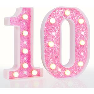 Pooqla 10th Birthday Decoration for Girls, light up Number 10 for Birthday Party, Battery Powered Glitter Lighted Numbers Shiny LED Marquee Numbers table Decor, Pink Number 10 (Warm White)