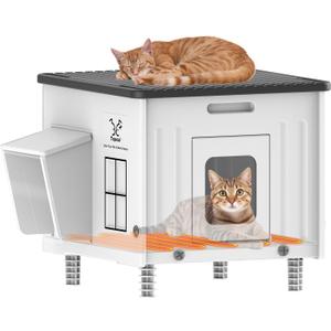 Heated Cat House for Outside, High Insulated Heated Outdoor Cat Shelter 100% Weatherproof with Escape Door, Elevated Outdoor Cat House with Heater for Feral Stray Barn Cat Kitty 17.7"x17"x17.5"