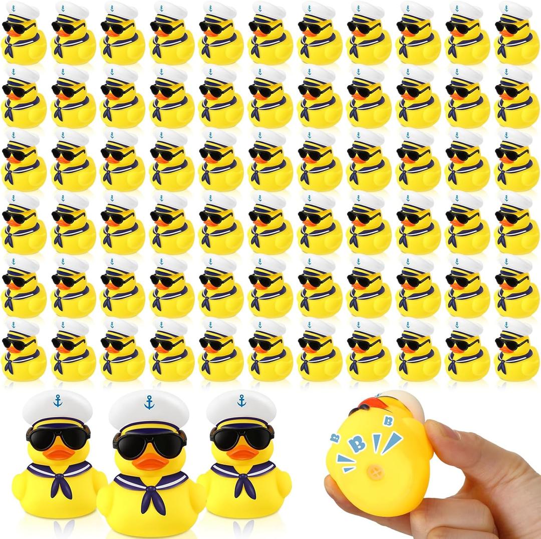 Shappy 24 Pcs Cruise Duck Bulk with Sunglasses Sets 2 x 1.9 x 2.4 Inch Mini Sailing Rubber Ducks Summer Ship Toy Squeaky Bath Party Duckies for Birthday Favors (Yellow)