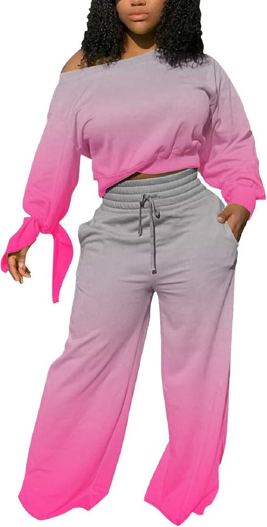 sexycherry Casual 2 Piece Outfits for Women Long Sleeve Sweatsuit Jogging Straight Long Pants Sets with Pockets (Tie Dye/Hot Pink, XL)