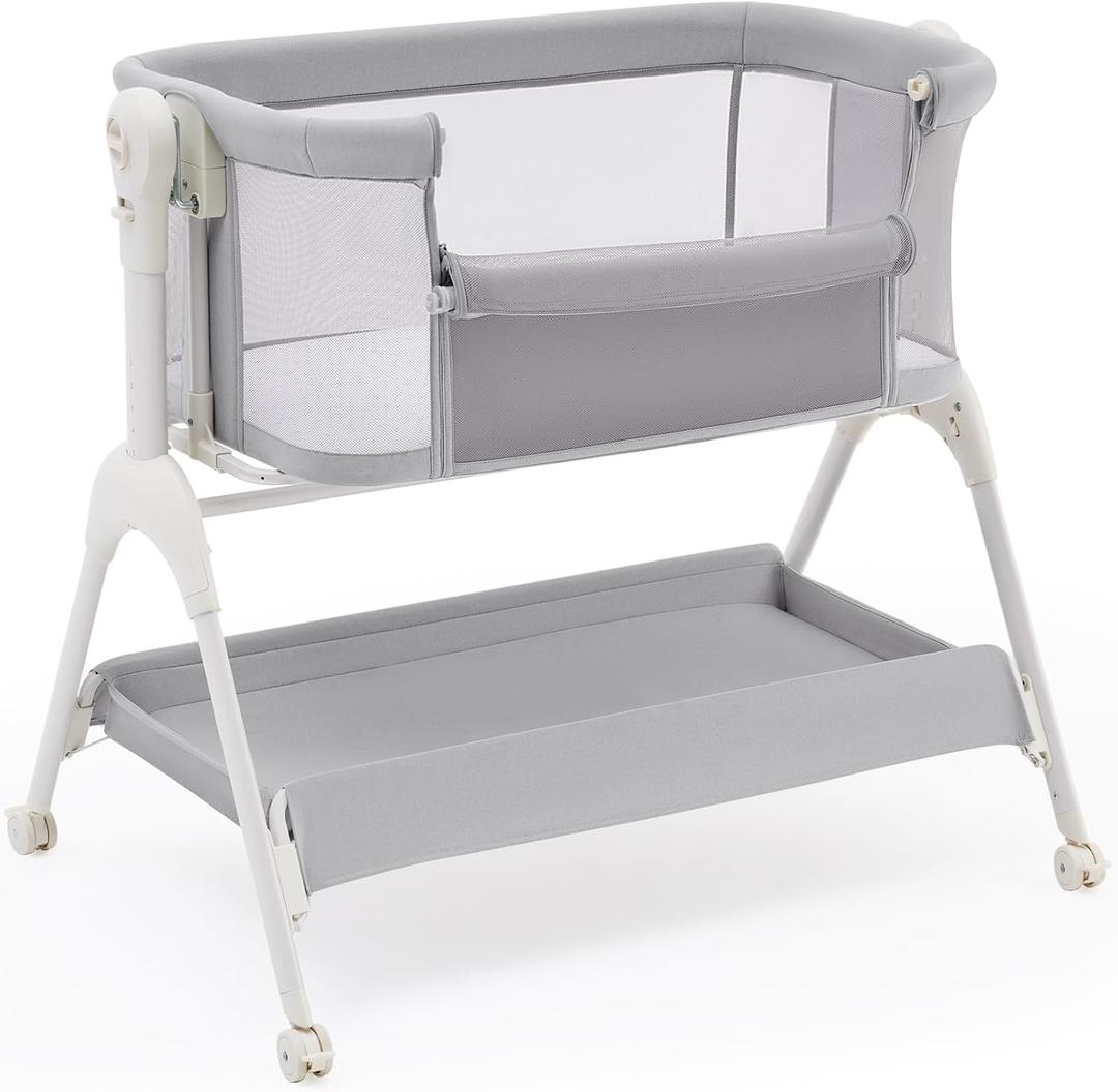 HARPPA Cuddly Sway Baby Bassinet Bedside Sleeper, 3 in 1 Rocking Bassinet with Mattress and Soft Cover, Full Mesh Sides, 5 Height Adjustable with Wheels for Newborns, Grey, Crib