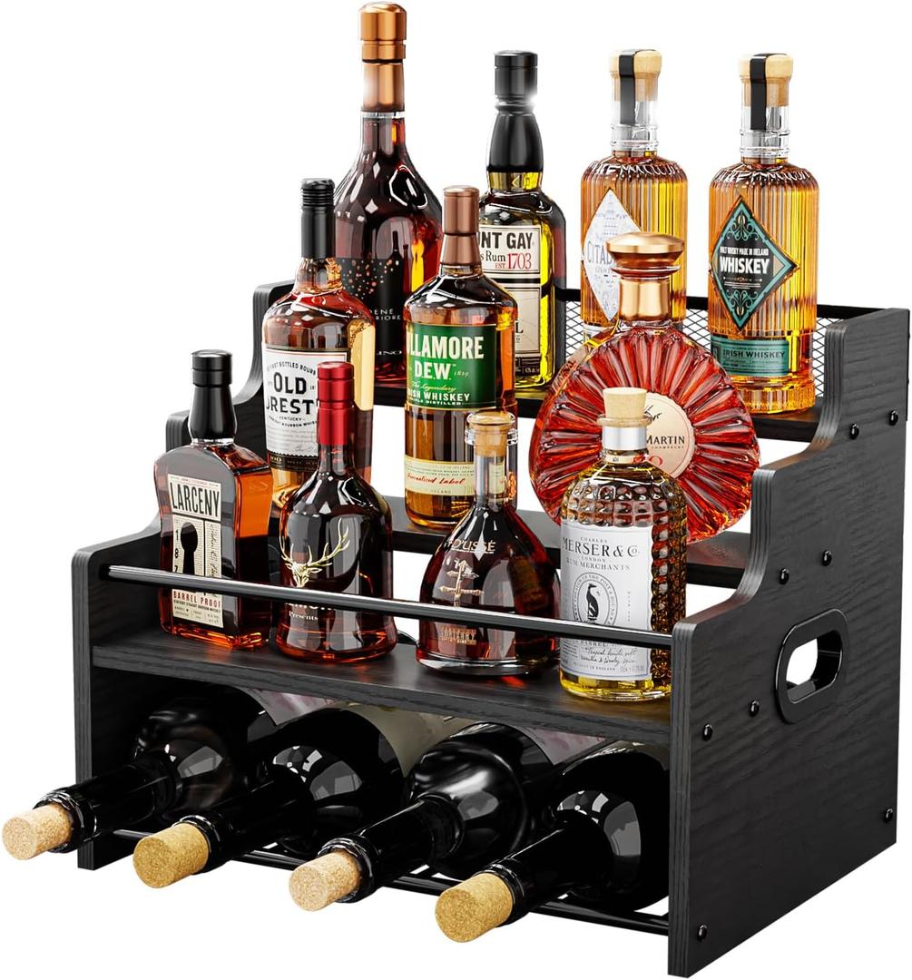 KLM 4-Tier Wood Display Shelf, Black Modern Bottle Organizer, Countertop Bar Stand for Liquor, Coffee Syrup, (Black)
