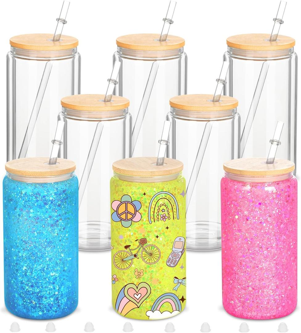 Micellwuu 8 Pack 16 Oz Sublimation Snow Globe Tumbler, Snow Globe Cups with Pre Drilled Hole, Double Wall Beer Can Glass Mason Jar Mug with Bamboo Lids and Straws for Snowglobe DIY