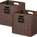 UBBCARE 2 Pack Wicker Basket, 13×13 Storage Cubes with Label, Foldable Cube Storage Bin with Handle, Square Storage Basket for Shelves, Woven Paper Rope Basket for Organizing, Brown