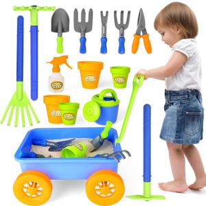deAO Kids Garden Wagon Wheelbarrow and Gardening Tools Play Set Includes 10 Accessories and 4 Plant Pots,Great Outdoor Toddler Toys Kids Gardening Set (Blue)