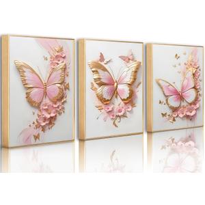 ACWOWO Pink and Gold Butterfly Floral Canvas Print Gold Frame Wall Art, 24"Lx16"W-Metal Framed