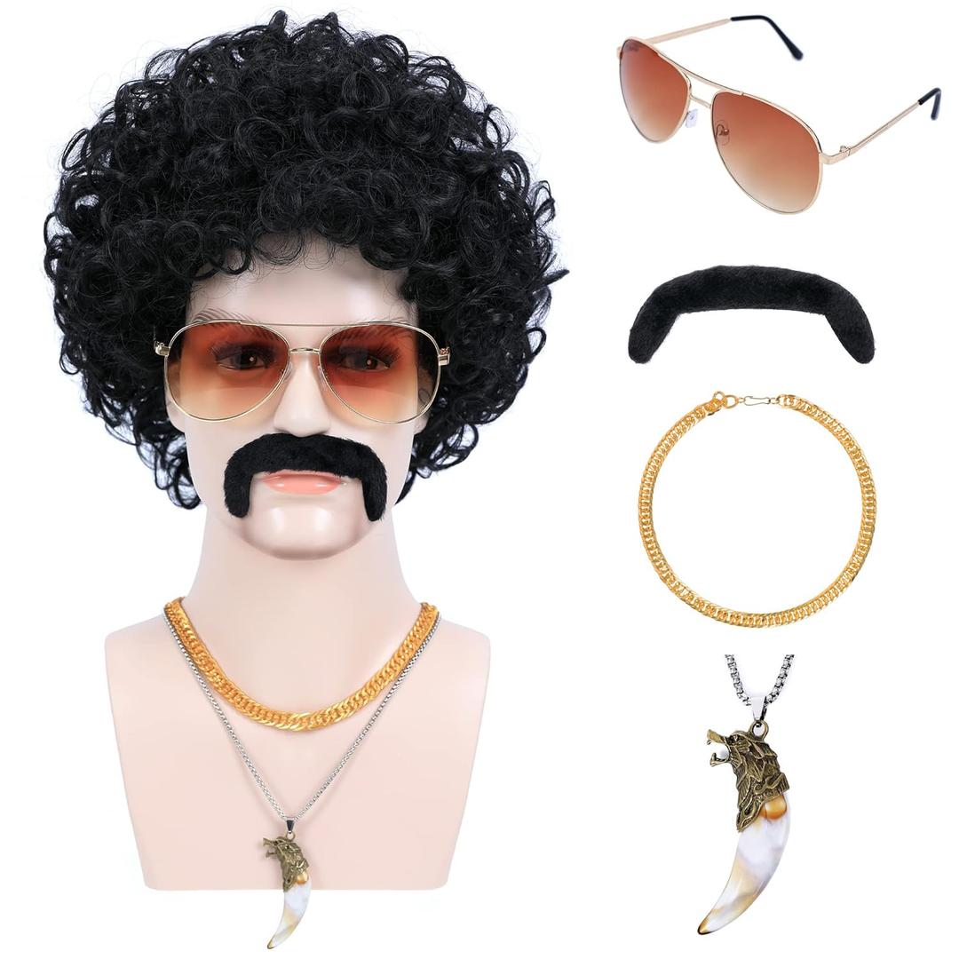 6pcs Set 70s 80s Disco wig with Mustache Glasses Artificial Wolf Necklace Gold Chain Short Curly Synthetic Hair Afro Mens Wig for 60s Rocker Hippies Costume Cosplay Halloween Party (Black)