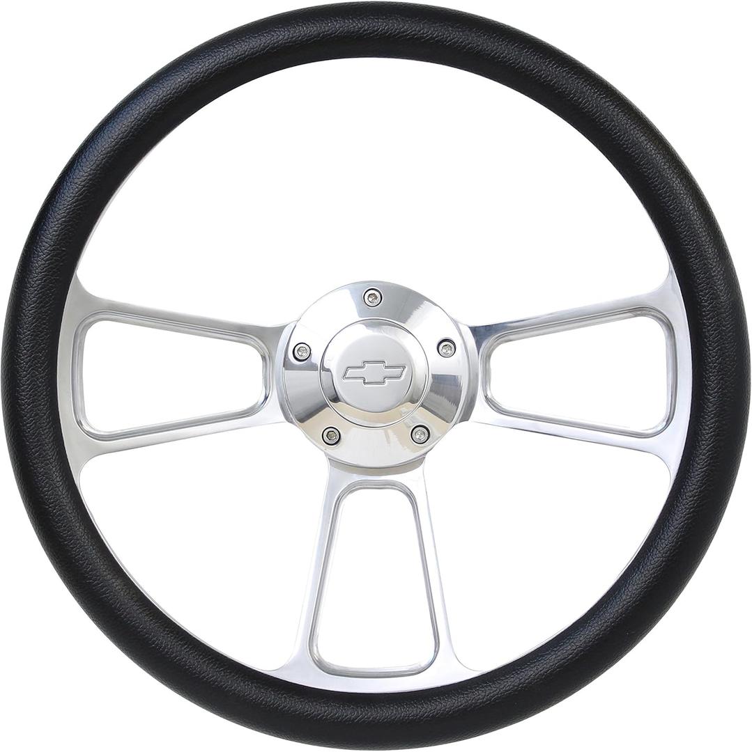 ForeverSharp Black Steering Wheel 14 Inch Aluminum with Chevy Installation Adapter and Horn ForeverSharp Black Steering Wheel 14 Inch Aluminum with Chevy Installation Adapter and Horn