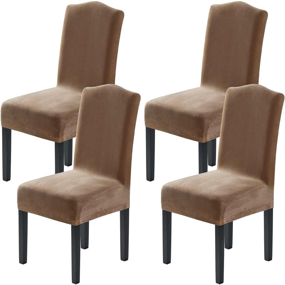 H.VERSAILTEX Velvet Dining Chair Covers Stretch Chair Covers for Dining Room Set of 4 Parson Chair Slipcovers Chair Protectors Covers Dining, Soft Thick Solid Velvet Fabric Washable, Camel (12"D x 15"W x 2"H)