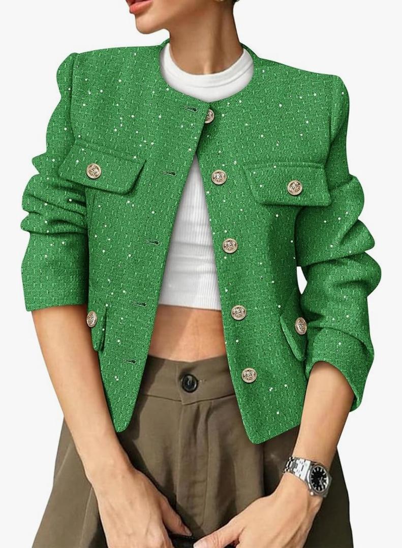 Women's Tweed Blazers Trendy Fall Casual Collarless Button Down Sequin Tops Cropped Jackets with Pockets,L