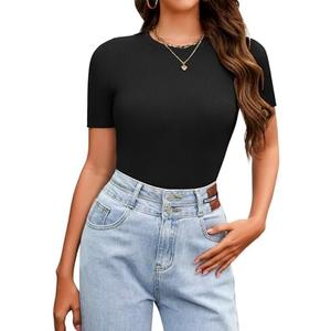 Women's Short Sleeve Slim Fit Tops Crewneck Ribbed Knit Tshirts Summer Basic Casual Tee (Black), Size Small