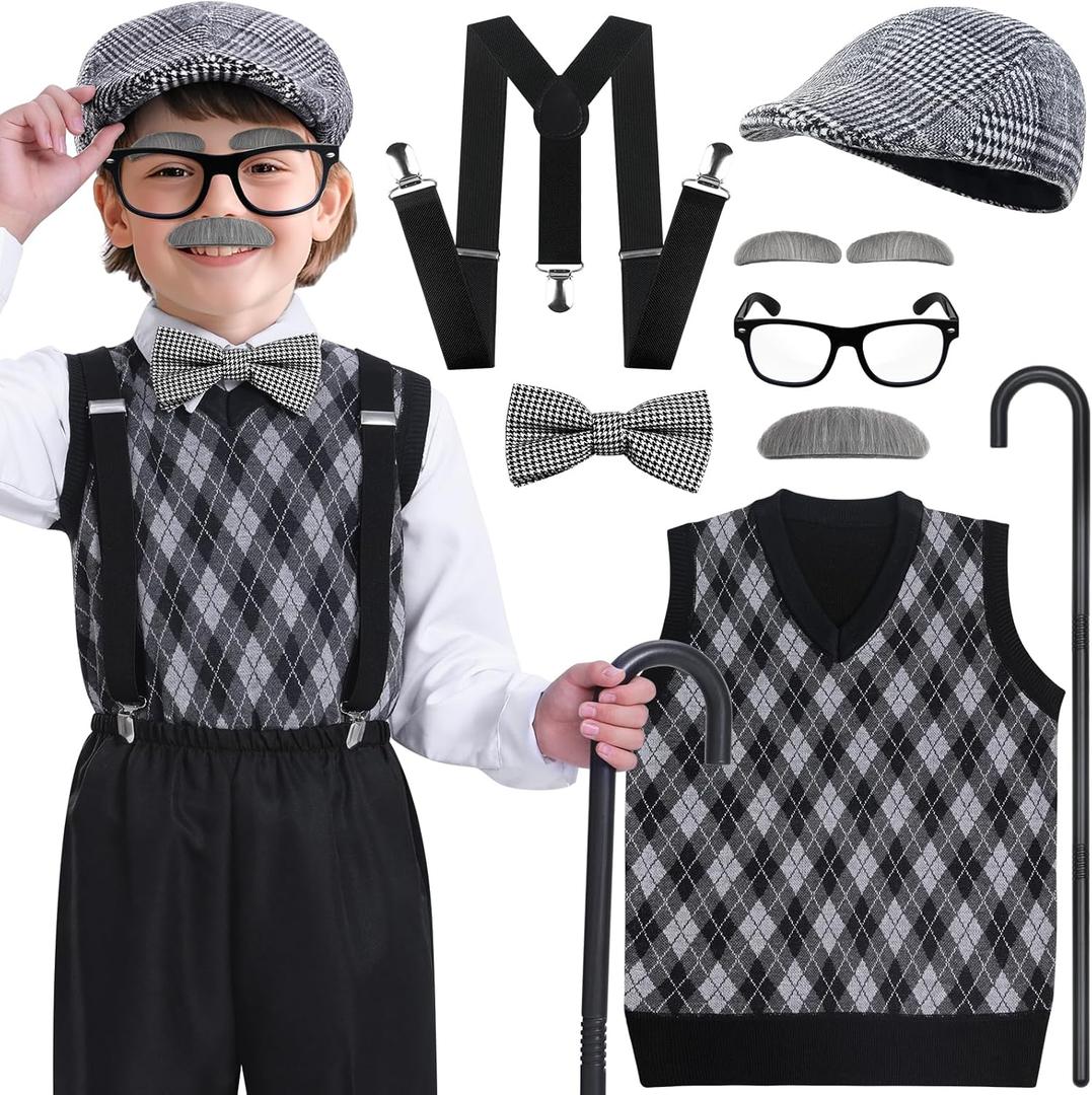 Kids 100 Days of School Dress Up Costume for Boys, Old Man Costume for Kids 5 6 7 8, Old Person Costume for Kid, 9 PCS Grandpa Dress Up Accessories with Hat, Glasses, Mustache, Cane