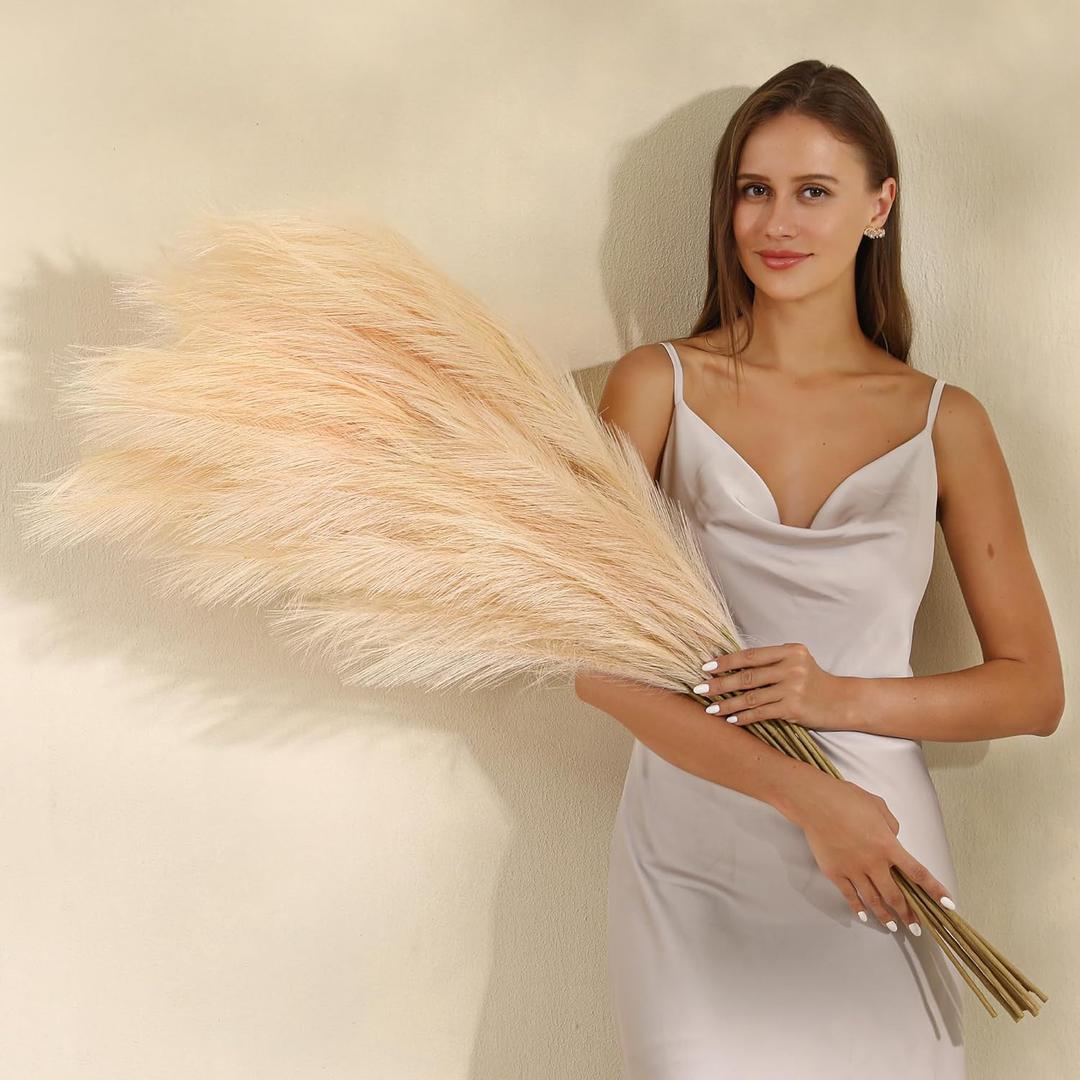 Champagne Faux Pampas Grass - 45-Inch Set of 8 | Boho Home Decor | Tall Artificial Pompas Floral Soft and Fluffy | Perfect for Wedding Centerpieces, Farmhouse and Baby Shower Decorations