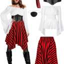 Cosrea Pirate Costume Adult Women Renaissance Shirt Bandana Corset Waist Belt Eye Patch Halloween Pirate Queen Outfit (Medium, White)