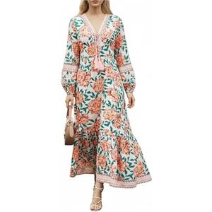 Sunny Spirit Womens Maxi Boho Dresses Floral Print Summer V Neck 2025 Flowy Tassel Long Casual Dress with Long Puff Sleeves L