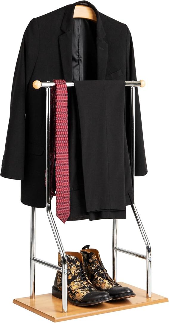 Mind Reader Valet Stand, Clothes Rack, Clothing Organizer, Jacket Hanger, Metal, Wood, 19.75"L x 11.75"W x 43"H, Silver