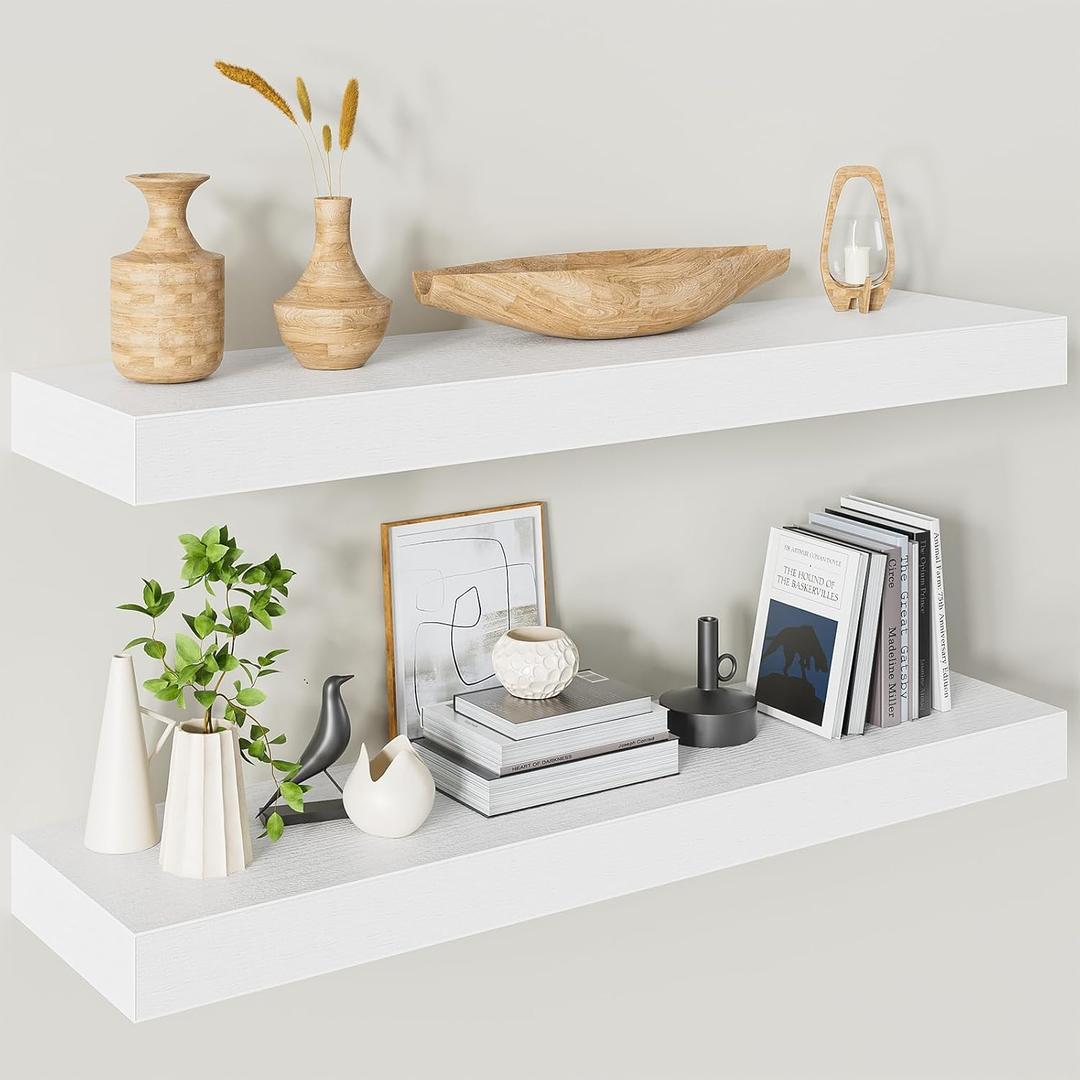 Heimlove 32 Inch Floating Shelves for Wall,White 9.3" Deep Floating Shelf Set of 2,Wall Mounted Shelves for Bathroom Bedroom Living Room Kitchen Office,Shelf for Books Storage Room,Home Decor, 31.5"Wx9.3"Dx1.5"H,Set of 2