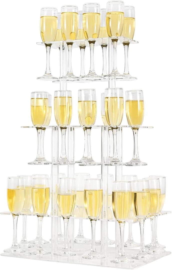 Champagne Tower, Rectangle Acrylic Champagne Display Rack Stand with 32 Slots, 3 Tier Floating Sight Champagne Flute Holder for Party, Wedding, School, Celebration, 17.3x11.8x25.5inch