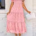 PRETTYGARDEN Women's 2026 Summer Casual Midi Dresses Square Neck Short Sleeve Smocked A Line Floral Flowy Elegant Boho Dress (Pink,Small)