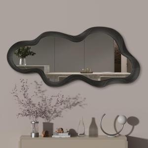 48"x 22" Irregular Wall Mirror, Wood Black Framed Wall Mirror, Asymmetrical Wall Wavy Mirror for Living Room Bedroom Entryway Bathroom Modern Decorative Mirror with Hanging Hooks