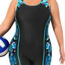 Daci Plus Size One Piece Swimsuit Women Athletic Boyleg Bathing Suit Full Coverage Swimwear (Black Blue Flower) 20W