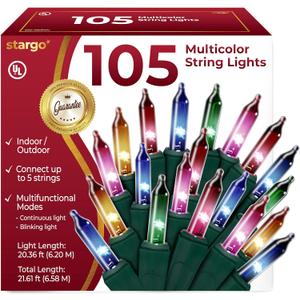 Warm Multi Color Christmas Lights - 20 ft String of 105 Incandescent Mini Bulbs Multifunctional Lighting Modes, for Decorative, Bedroom, Outdoor, Xmas Twinkle Tree Lights with Green Wire Total 21.6 ft