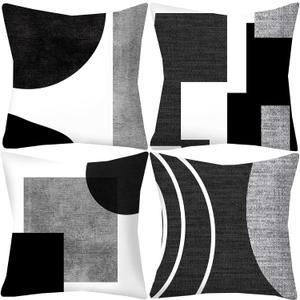 Black and White Grey Throw Pillow Covers 18x18 inch Set of 4 Geometric Pillow Cases Abstract Decorative Cushion Covers for Sofa Couch