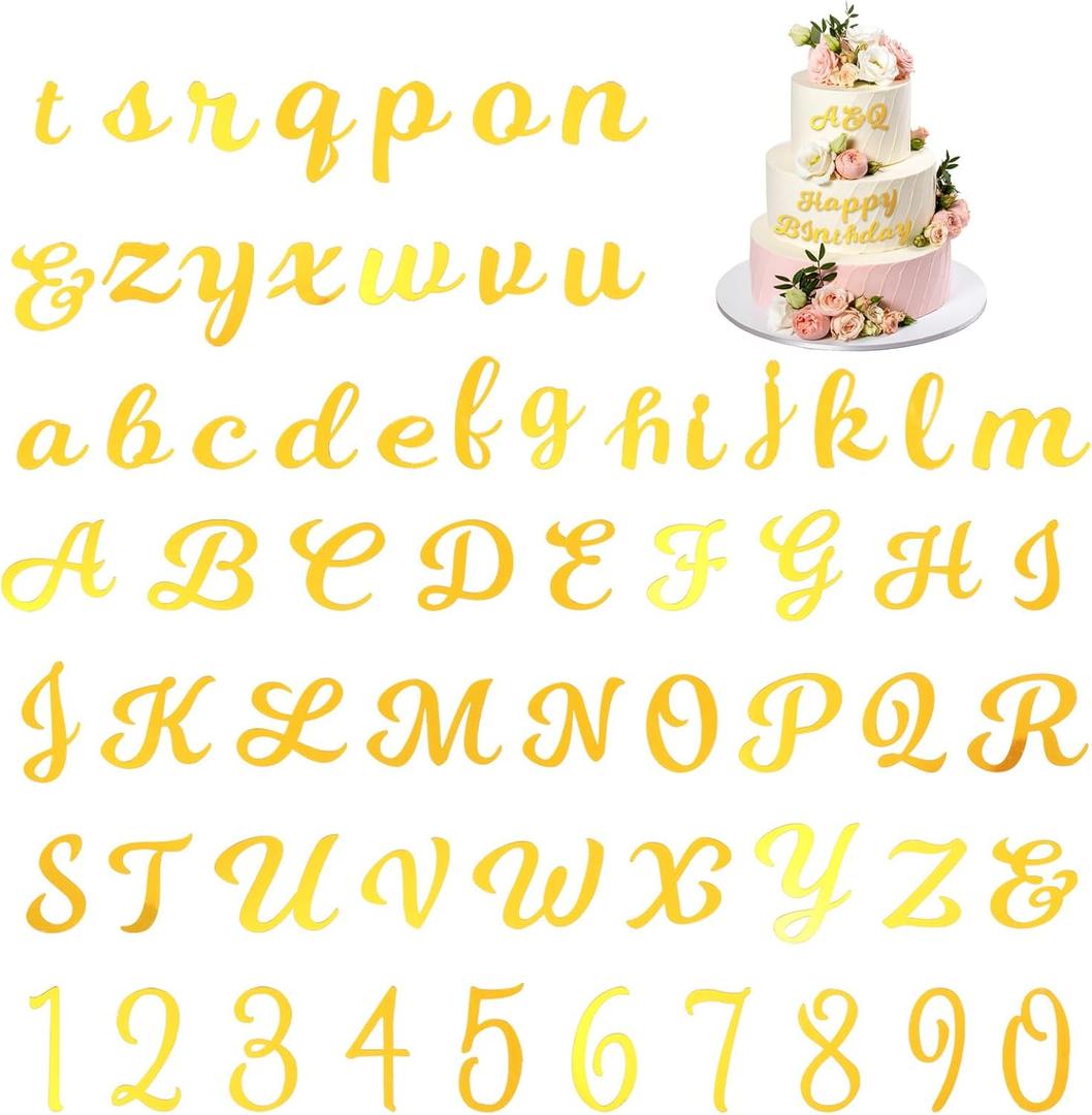 64 PCS Acrylic Cake Alphabet Numbers Topper Mirror Number 0-9 Alphabet A-Z Acrylic Letter Mirrored Gold Cake Topper DIY Cupcake Decoration for Anniversary Wedding Baby Shower Party Supply
